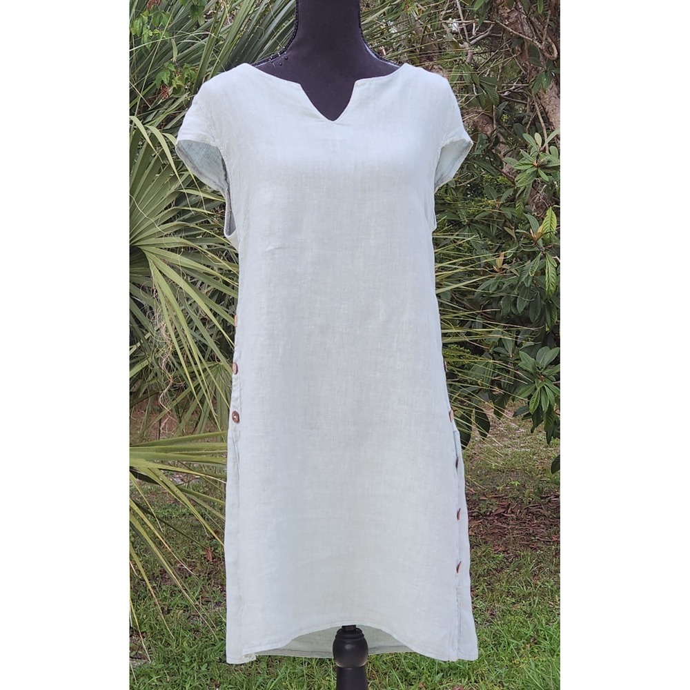 Medium ITALIAN LINEN Shift Dress Button Relaxed Lagenluk Pastel Green Boho Tunic